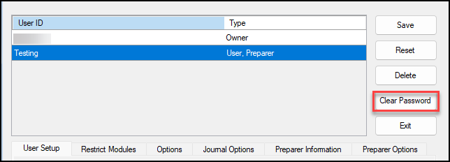 Image showing the clear password option on user setup.